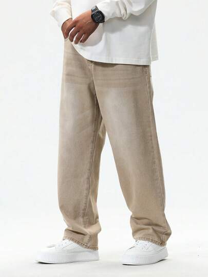 Manfinity EZcore Pantalones vaqueros holgados y lavados de color caqui casual para hombre, pantalones vaqueros anchos lisos y lavados de color caqui, regalos para esposo y novio