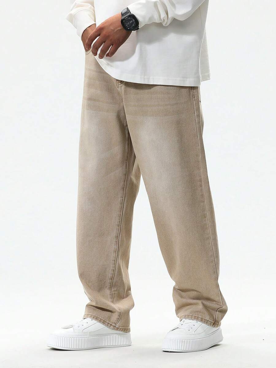 Manfinity Hypemode Men's Casual Khaki-Colored Washed Loose Jeans, Plain Wide Jeans Long Baggy Khaki Washed Cargo Jeans, For Husband, Boyfriend Gifts Hang Out Commute Work Urban Street - Apricot - View 1