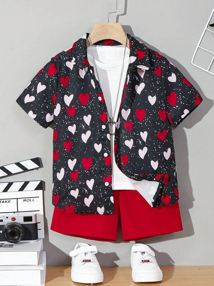 Young Boy Heart Printed Short Sleeve Shirt And Shorts Set