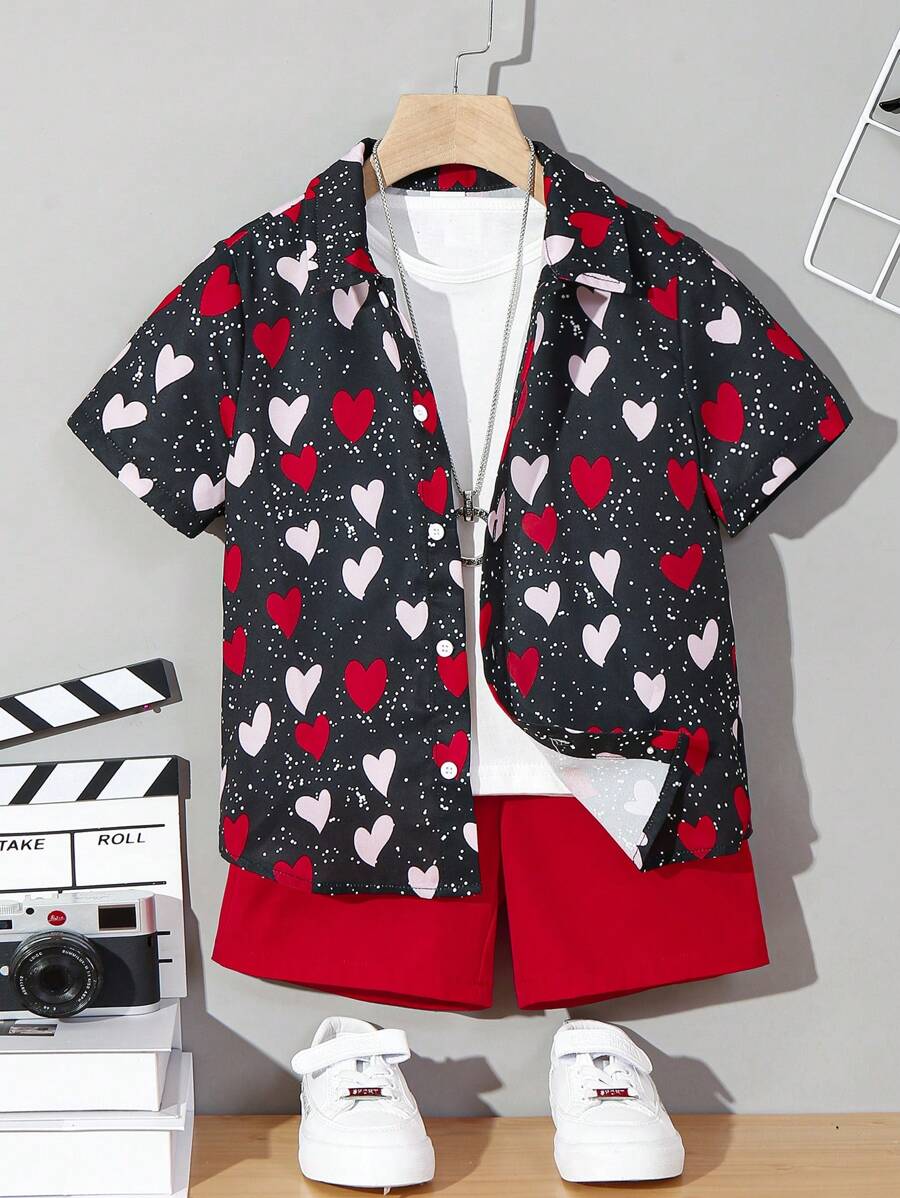SHEIN Leap Crew Set Anak Laki-Laki Muda Tombol Depan Hati All Over Print Casual - Light Wash - View 1