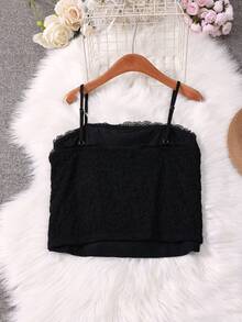 SHEIN Qutie Lace Spaghetti Strap Camisole Top - Beige - View 2