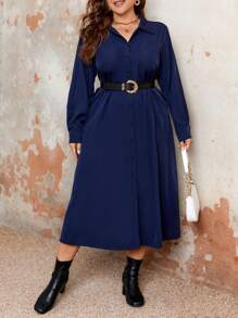 SHEIN Franclia 加大碼女士長袖襯衫連衣裙 - 藏蓝色 - 查看 1