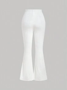 SHEIN MOD Women's Solid Color Ribbed Flared Pants - White - View 2