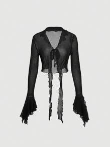 SHEIN MOD 女士前扣鈕帶波浪袖上衣 - 黑色 - 查看 2