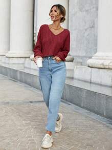 SHEIN Essnce Của phụ nữ Cổ chữ V Thả vai Đan Áo thun - Đỏ - Xem 4