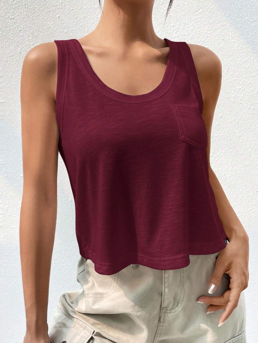 Firerie Solid Color Casual Tank Top With Patch Pocket - Rose Red - View 1