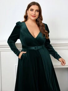 SHEIN Belle Kích thước lớn Của phụ nữ Ống tay áo Đầm Party Với Thắt Lưng ( Công nghiệp nặng Phong cách ) - Màu xanh lá cây đậm - Xem 7