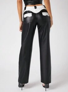 Hauture Zip Front Colorblock PU Leather Pants - Multicolor - View 2