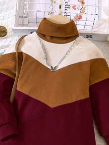 SHEIN Little Girls' Color Block Turtleneck Dress - Burgundy - View 5
