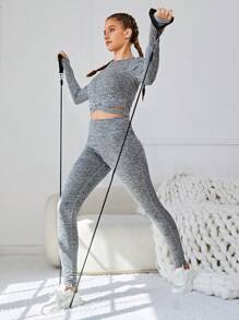 SHEIN Teenagers' Knitted Waist Crossed Round Neck Sports Sweatshirt & Pants Set - Dusty Pink - View 4