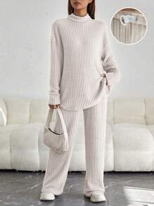 SHEIN Maternity Mock Neck Drop Shoulder Tee & Adjustable Waist Pants - Apricot - View 1