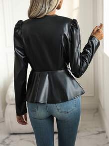 SHEIN Clasi Ống tay áo Xù Hoa Sen Dây kéo chất liệu da PU Áo khoác - màu đen - Xem 2