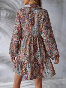 SHEIN Clasi Paisley In Tay áo lồng đèn Đầm - Đỏ - Xem 2