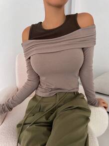 DAZY Color Block Cut Out Shoulder 2 In 1 T-Shirt Long Sleeve Women Tops - Khaki - View 6