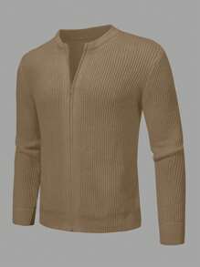 Manfinity Homme Solid Color Men's Zipper Cardigan Sweater - Khaki - View 3