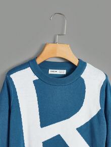 SHEIN Con trai Lỏng lẻo Áo len Với Mẫu chữ - Màu xanh lam - Xem 3