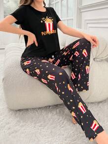 女士爆米花起司睡衣短/長款套裝 - 黑色 - 查看 5