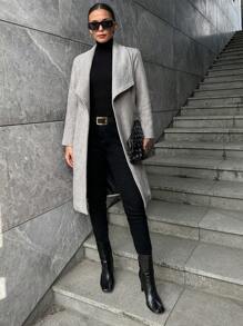 RueChic Ladies' Woolen Coat With Large Lapel & Chevron Pattern - Beige - View 5