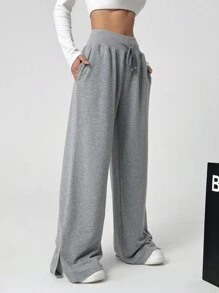 Muchica Women's Solid Color Drawstring Waist Wide Leg Split Pants - Grey - View 5