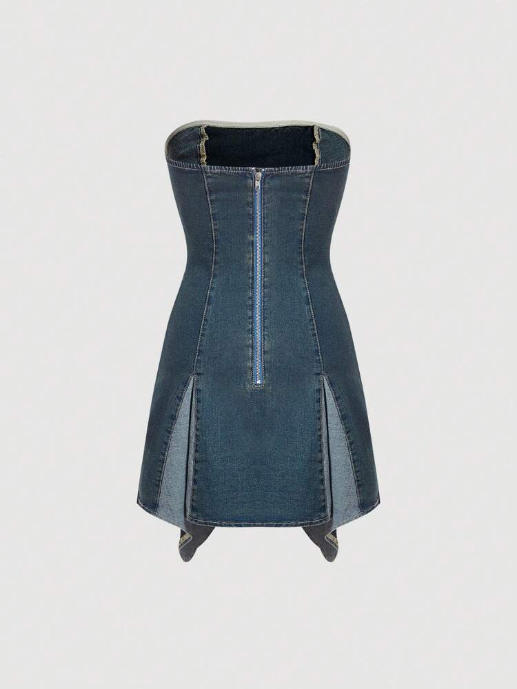 Colorblock Zip Back Tube Denim Dress