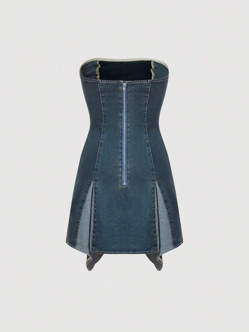 Colorblock Zip Back Tube Denim Dress