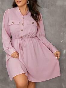 SHEIN Franclia 大碼束口腰襯衫連衣裙 - 粉色 - 查看 5