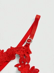 ROMWE Kawaii Sexy Hollow-Out Lace With Rhinestone Lingerie Set - Red - View 4