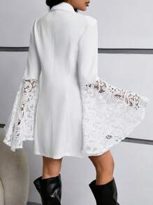 SHEIN Privé Phong cách Preppy Mảnh Lace Bùng nổ Tay áo Đôi ngực Váy blazer - trắng - Xem 2