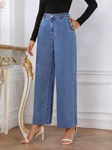 SHEIN Privé 女式闊腿牛仔褲 - 深色水洗藍 - 查看 3