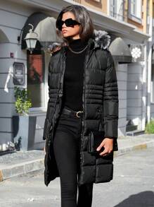 RueChic Zip Up Fuzzy Trim Hooded Puffer Coat - Black - View 4