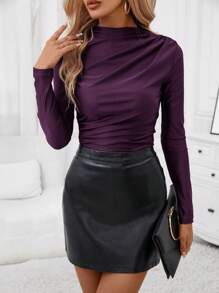 SHEIN Clasi Ladies' Long Sleeve T-Shirt With Pleats Asymmetrical Top