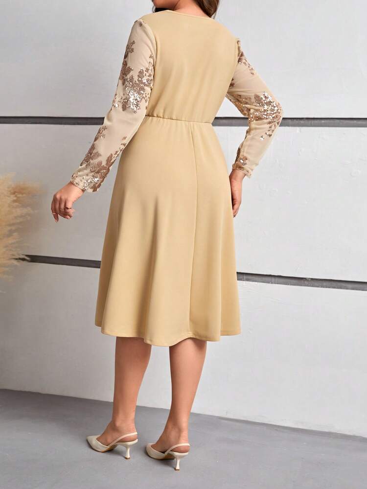 Women's Plus Size V-neck Sequin Pattern Elastic Waist Dress