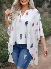 SHEIN LUNE 大尺碼女用羽毛印花高低下擺襯衫 - 白色 - 查看 5