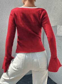 EURMUSE Contrasting Trim Bell Sleeve Ribbed Knit T-shirt - Red - View 2