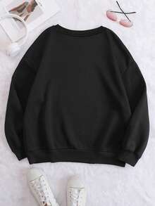 INAWLY 女士圓領毛絨字母印花運動衫 - 黑色 - 查看 2