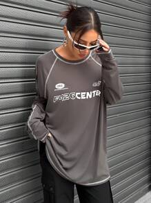 SHEIN Unity Của phụ nữ Vòng cổ Áo thun Với Lá thư Và In số - Xám - Xem 4