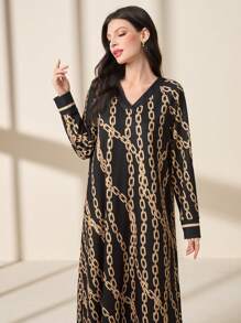 Mulvari Women's Chain Print V-Neck Arabian Dress - Multicolor - View 3