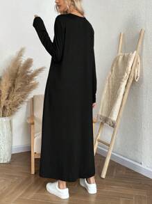 SHEIN LUNE 拼接蕾絲v領長袖洋裝 - 黑色 - 查看 2