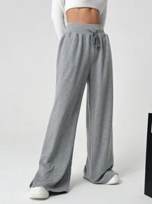 Muchica Women's Solid Color Drawstring Waist Wide Leg Split Pants - Grey - View 6