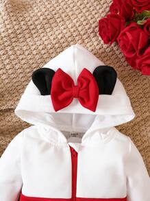 女嬰拼色設計與蝴蝶結連帽連身褲 - 紅色 - 查看 3