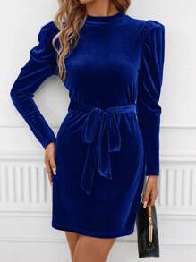 SHEIN Clasi Women's Blue V-neck Belted Dress - Royal Blue - View 5