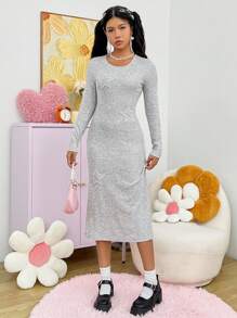 SHEIN EZwear Star Pattern Long Sleeve Dress - Light Grey - View 5