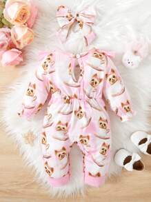 Baby Girls' Cartoon Patterned Jumpsuit With Bowknot And Ruffled Leg - Pink - View 2