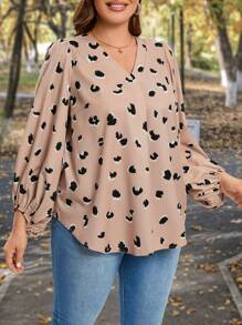 SHEIN LUNE Women's Leopard Print V-neck Lantern Sleeve Plus Size Blouse - Khaki - View 3