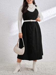 SHEIN Essnce 女士加大碼灰色條紋緞面扣鏈細節無袖洋裝 - 黑色 - 查看 1