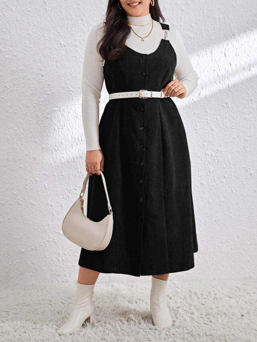 SHEIN Essnce 女士加大碼灰色條紋緞面扣鏈細節無袖洋裝 - 黑色 - 查看 1