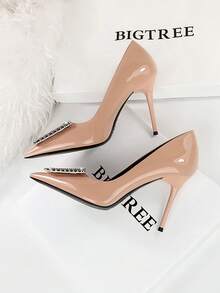 European And American Style Patent Leather High Heels For Women, Pointed Toe With Metal Decor & Large Rhinestone Buckle For Banquet - Apricot - View 4