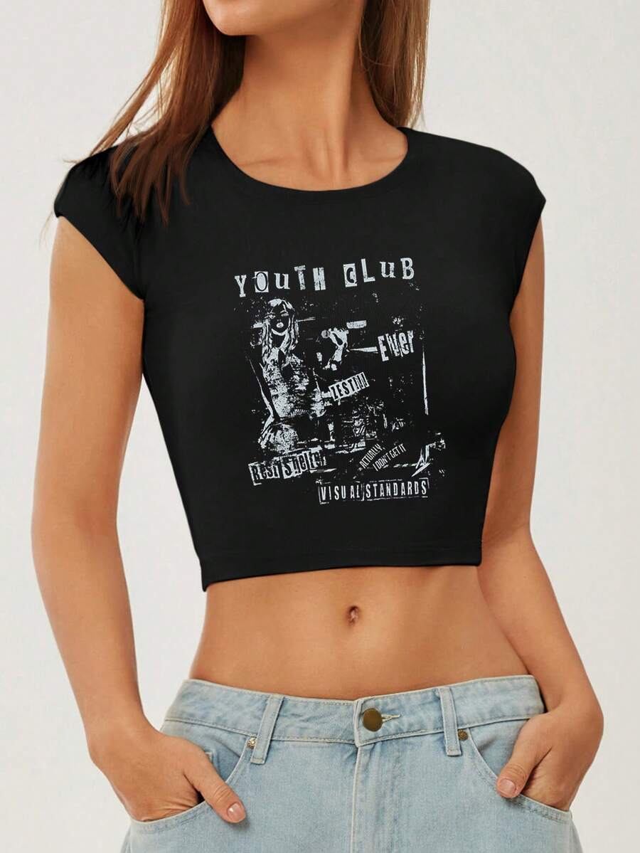 SHEIN EZwear 女性用帶印花袖子的短身t恤 - 黑色 - 查看 1