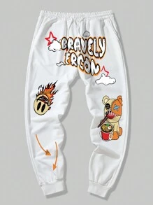 ROMWE MEN Street Life Men's Cartoon Pattern Drawstring Waist & Cuffed Jogger Pants - White - View 1
