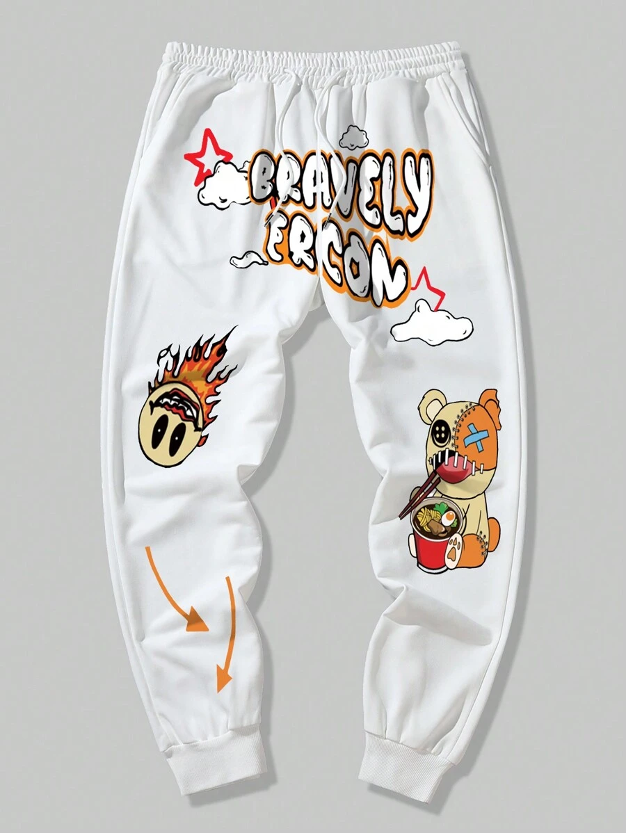 ROMWE MEN Street Life Men's Cartoon Pattern Drawstring Waist & Cuffed Jogger Pants - White - View 1